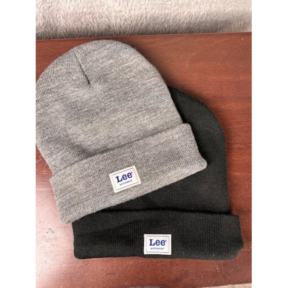 Lot of 2 Lee Workwear Cuffed Beanie Hat Black & Charcoal Grey Knit One Size